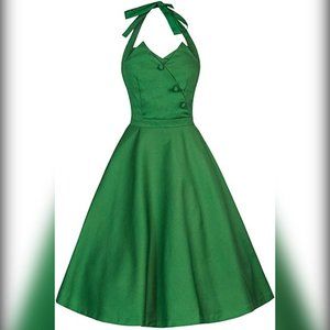 Pinup Retro Vintage 1950's Style Green Halter Neck Flared Swing Party Dress, S